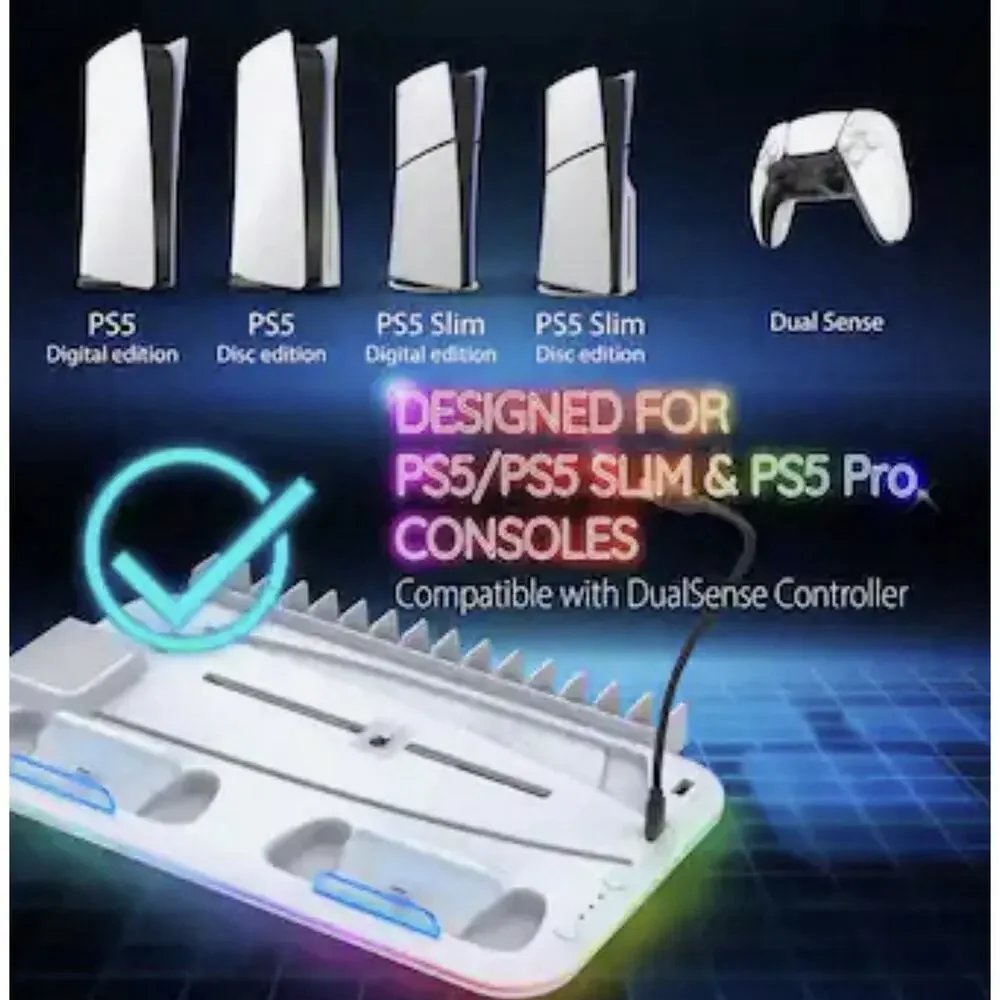 PS5/PS5 Slim/PS5 Pro Cooling Stand RGB Fan DualSense Charger Disc Storage